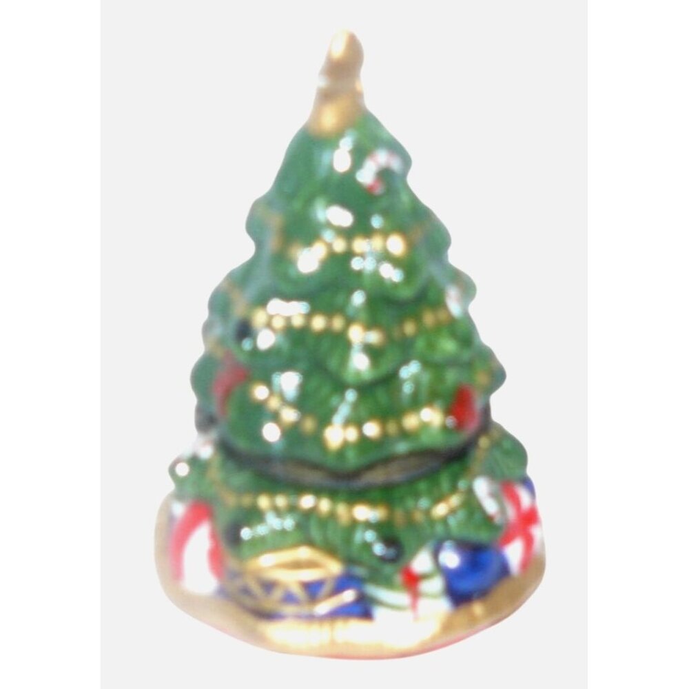 Hand-Painted Porcelain Christmas Tree Trinket Box Figurine w Gold Accents Vintag